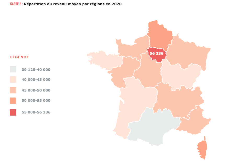 Répartition du revenu moyen par régions en 2020