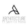 L'image présente un logo minimaliste en noir sur fond blanc. Le logo est composé d'un symbole abstrait au-dessus du mot "ARCHITECTURE" en lettres majuscules fines et espacées. En dessous, en lettres minuscules et plus petites, figure le nom "Camille Thomas". Le symbole abstrait combine des formes géométriques : un arc de cercle noir sur la partie inférieure et une forme triangulaire stylisée au-dessus, avec une ligne diagonale traversant une partie du triangle.
